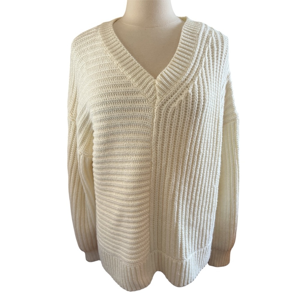 Vera Wang Ivory V-Neck Pullover chunky Ribbed Knit Sweater Size XL